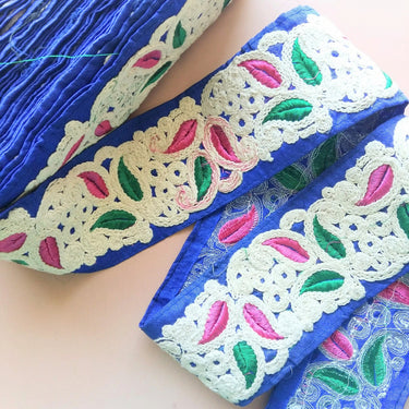 Green / Blue Fabric Trim With Off White, Pink And Green Embroidery, 75mm wide - 200317L520/21